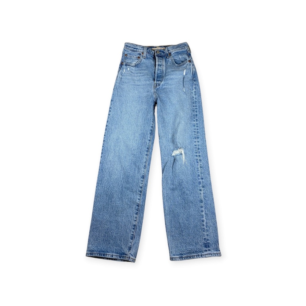 Levis Premium Ribcage Straight Ankle Jeans Light Wash Distressed Size 25x26